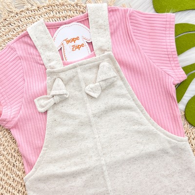 Conj. Blusa Ribana e Salopete em Linho com Strass - Rosa e Areia